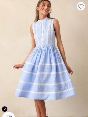 Sleeveless Light Blue Midi Dress with Belt and Lace Trim